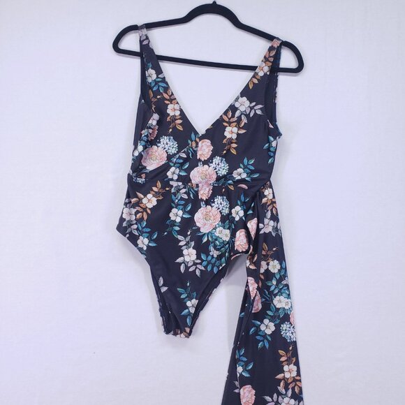 ASOS Swim Size 8 Black Floral Wrap Tie V Neck One Piece Sexy Swimsuit - Picture 3 of 13